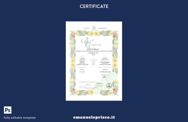 modello di certificato di nascita decorativo (commemorativo) dell'Australia Meri
